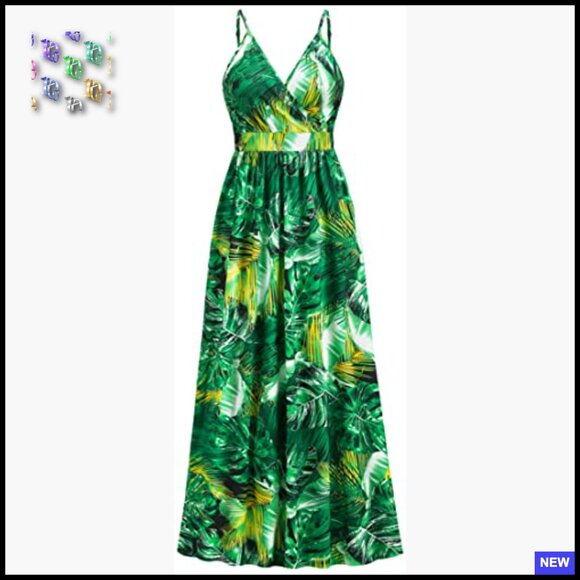 Boho Maxi Dress Floral V-Neck Spaghetti Strap Summer Beach Casual Elegant - Picture 4 of 6